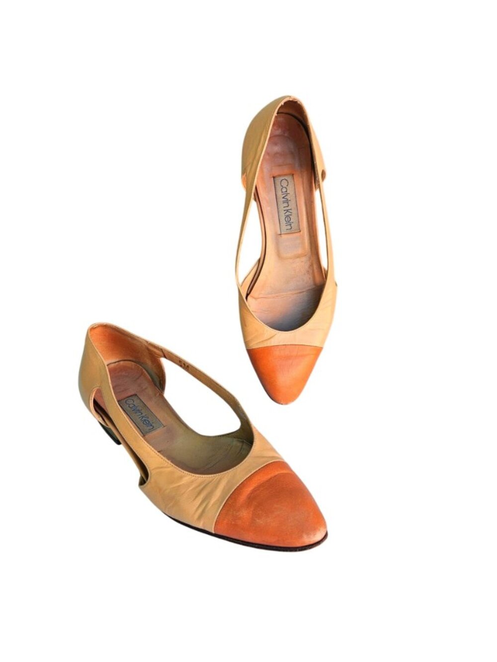 Vintage Calvin Klein Flats Italy Leather Cap Toe Cutout Beige Orange Sz 5 - Picture 7 of 12